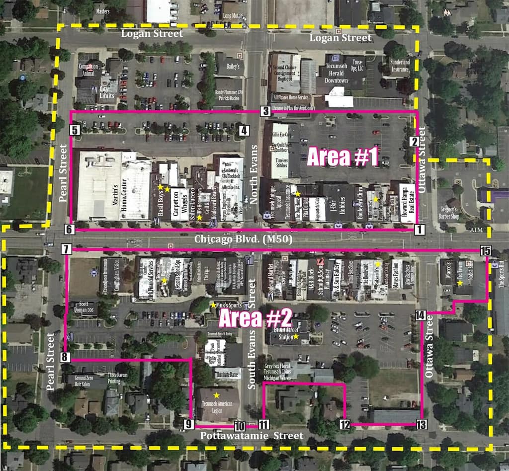 Map of the Downtown Tecumseh Social District commons area